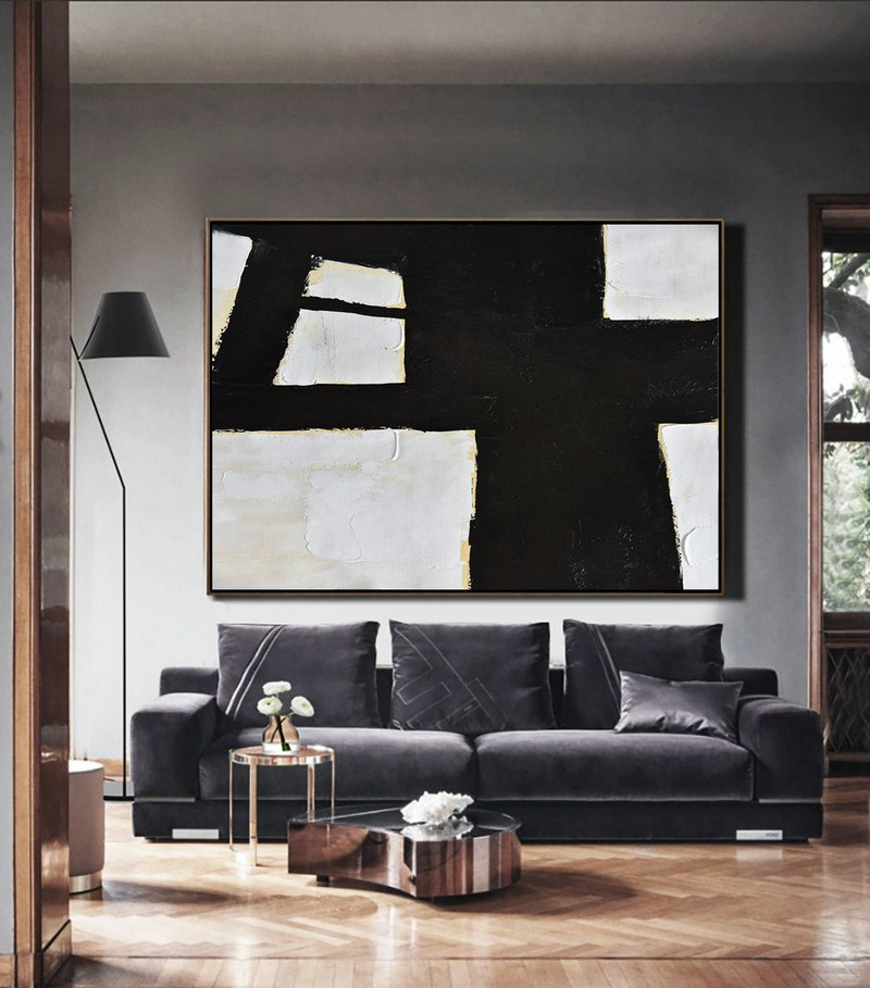 Abstract Art On Canvas, Modern Art,Horizontal Palette Knife Minimal Canvas Art Painting Black White Beige - Huge Abstract Canvas Art